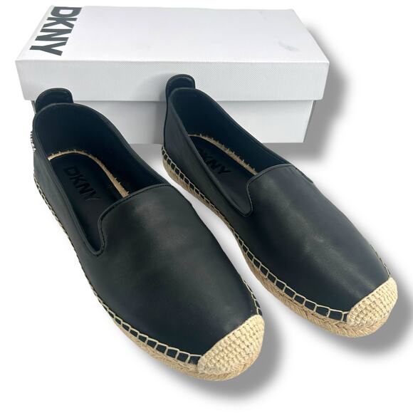 DKNY Black Leather Espadrille Flats Size 10 Slip On Loafers Coastal Classic EUC - Picture 5 of 11
